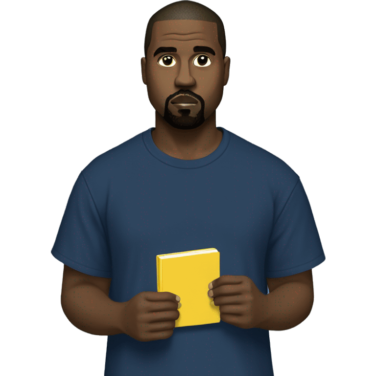 kanye west wearing a dark blue T-shirt, holding a yellow notepad emoji