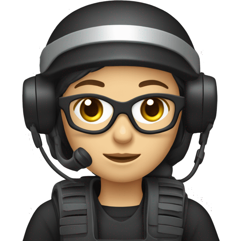 operator dressed in black with a milatary helmet, without glasses, wearing a headset, ready to respond to alerts, preferably female white emoji