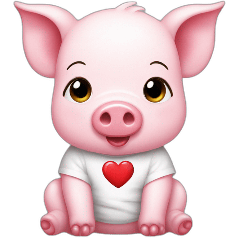 A pink baby pig with a white t-shirt on which there is a red heart, emoji