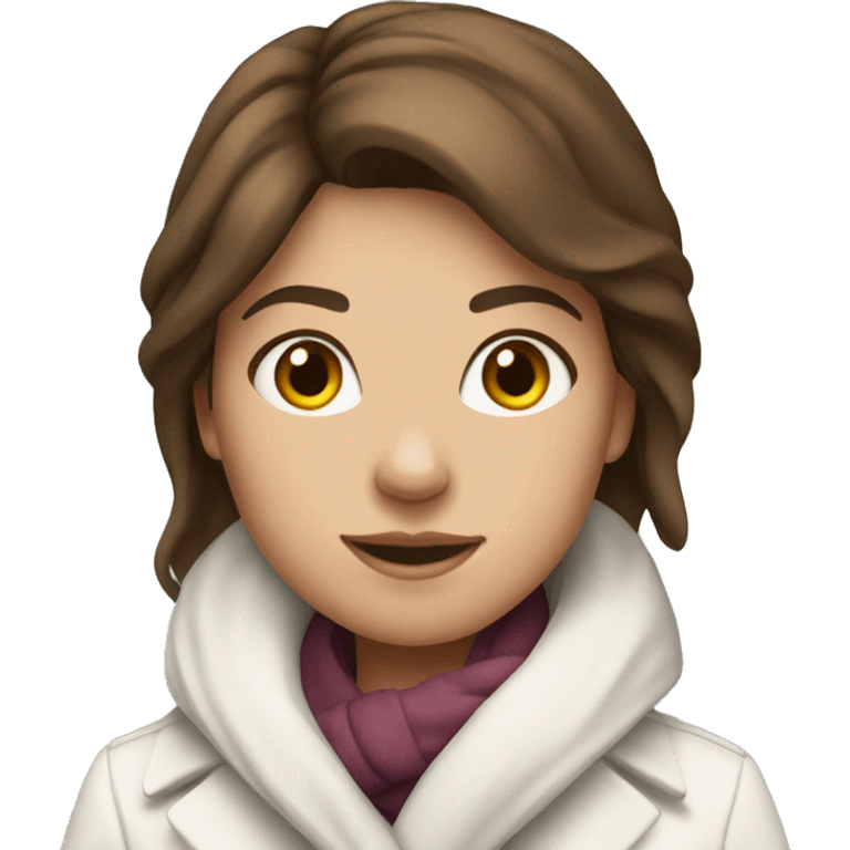 Girl with brown hair wearing a white coat and scarf  emoji