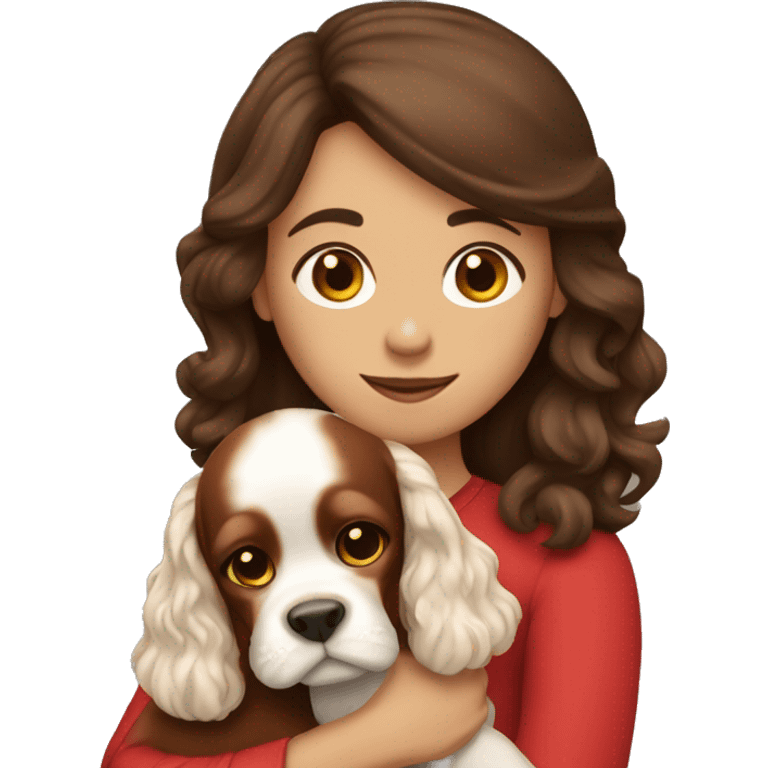 brunette girl holds red cocker spaniel in her arms emoji