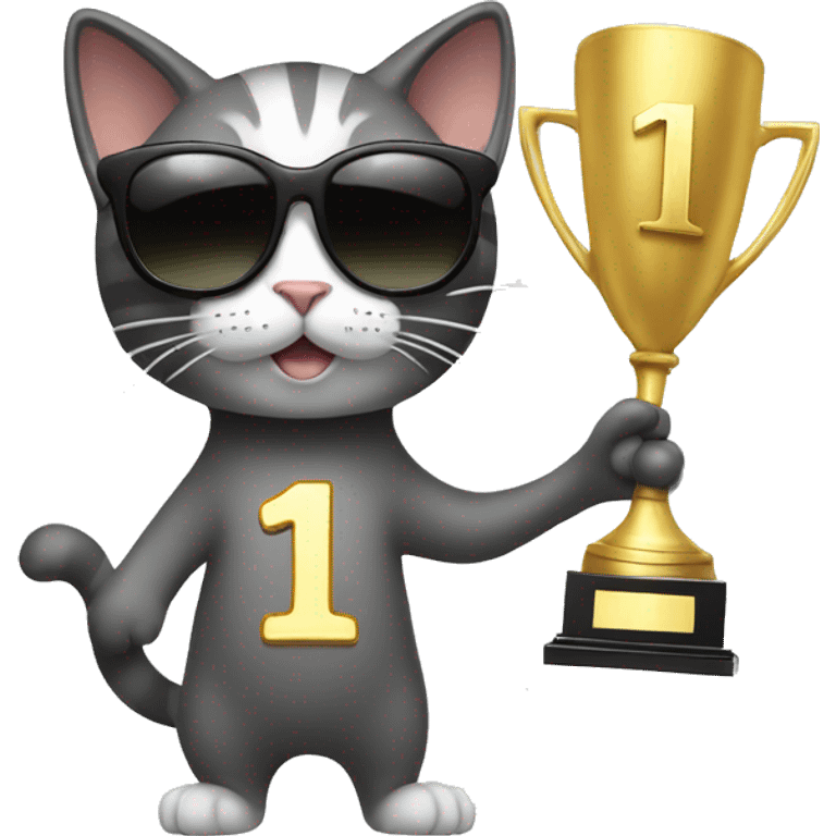 cat wearing sunglasses holding up a number ten trophy emoji