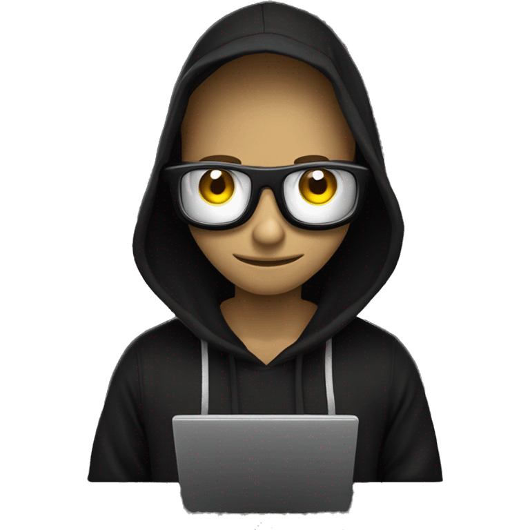 Hacker mexendo com o computador com capuz preto e olhos brancos no fundo preto emoji