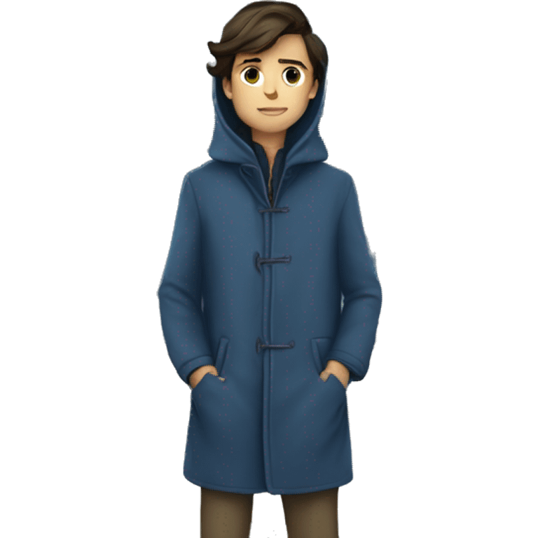 a full body brunette boy with his hands in the pockets of a long blue coat and a house behind him far away emoji