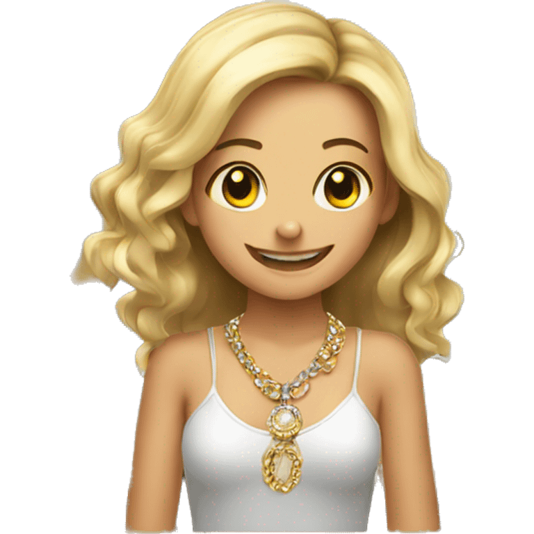 smiling girl with jewelry indoors cutting  emoji