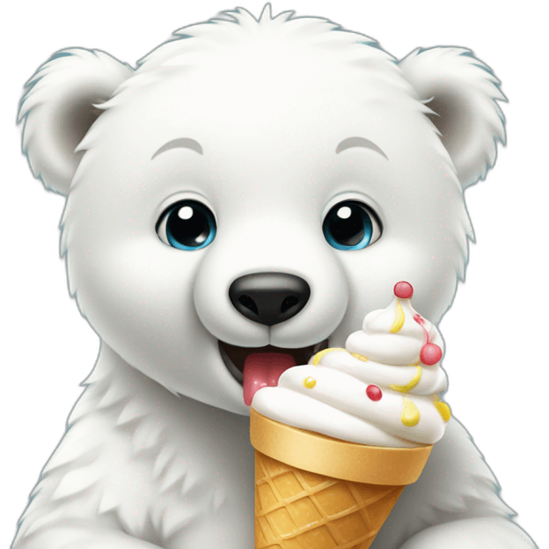 Baby polar bear eating ice cream white background emoji