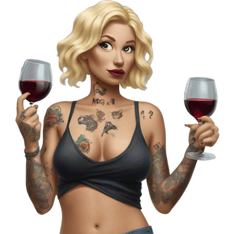 Blonde women in, her body covered with tattoos, wine in her one hand, pointing cat with her other hand, Hyper realistic  emoji