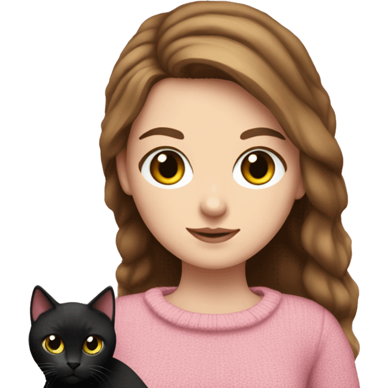 Pretty green eyed white girl with brown hair in a pink sweater holding a black cat emoji