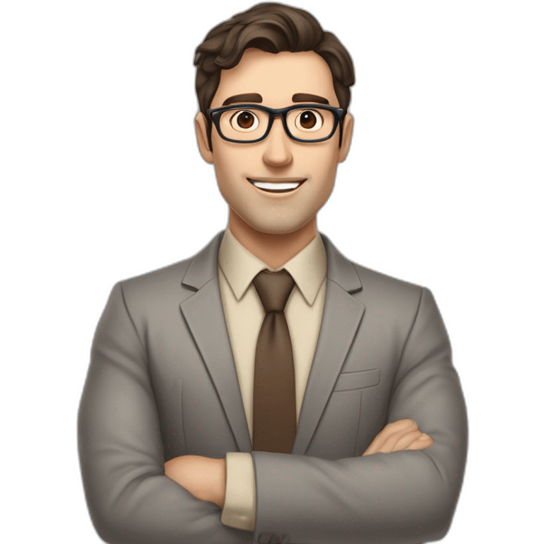 Pale skinned fit man with dark brown hair in gray jacket, beige office shirt, brown tie, brown pants and vintage glasses Writing on the flipchart emoji