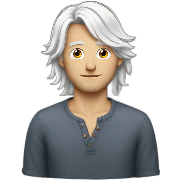 Insecure european guy with mid long white hair wearing a shirt emoji