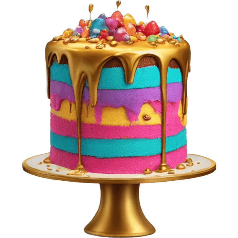 Realistic isolated colorful cake with metallic gold icing dripping from top and all down along the cake emoji