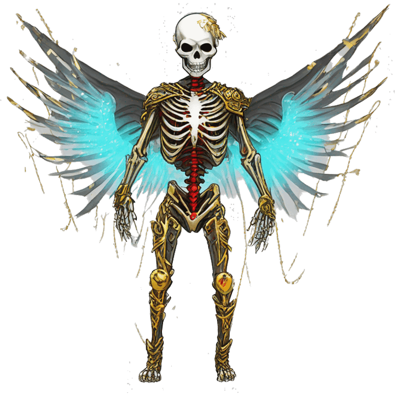 White skeleton zombie person covered in golden chains and black graffiti scribbles and red and silver doodles wings made of neon lightning snowing snowflakes emoji