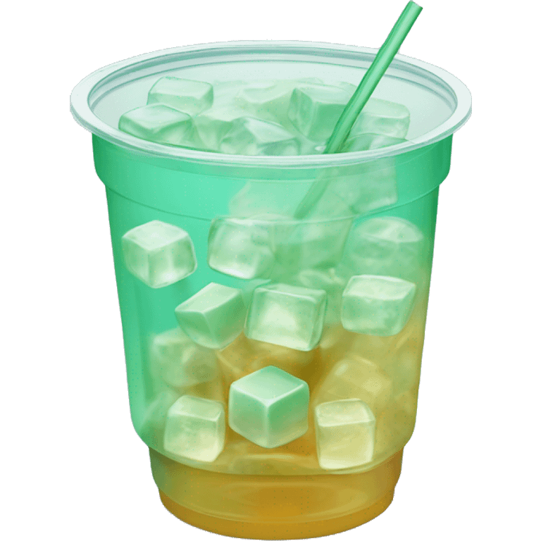 Realistic plastic cup and lid with Transluscent mint green and large ice cubes inside and one straw through the top of the lid. emoji