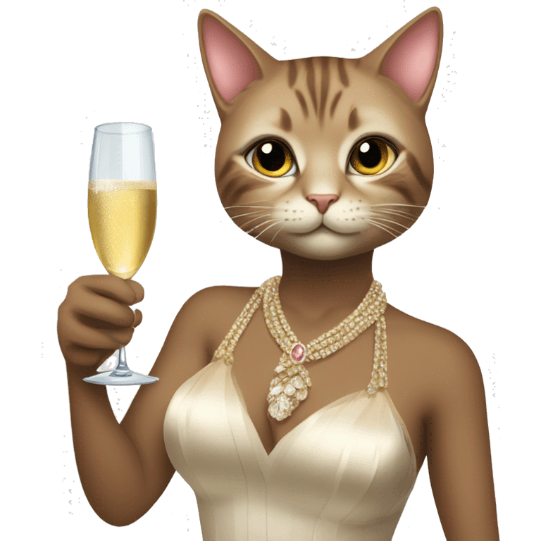 Cat in glamour outfit, with perks on hers neck , and glass of champagne in hand  emoji