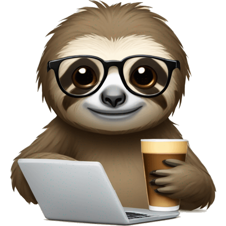 tired sloth wearing glasses with laptop and espresso tonic emoji