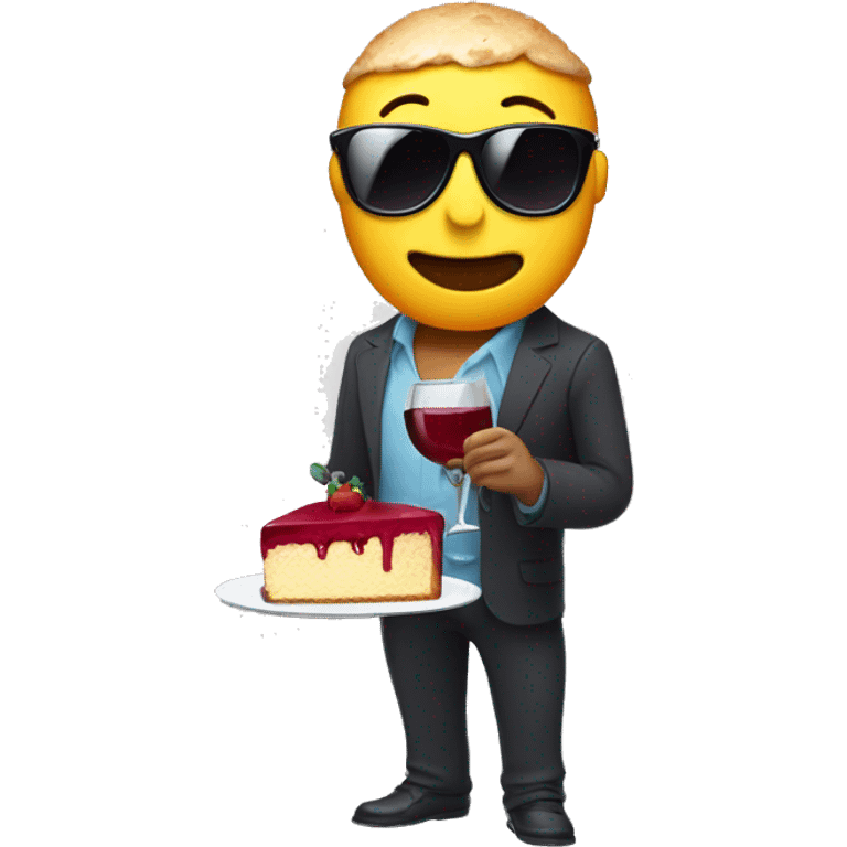 A bottle of wine character with arms, legs and sunglasses with a slice of cake in a hand emoji