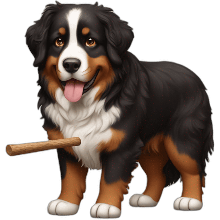 Bernese mountain dog playing with a wood stick and a brown hair womand emoji