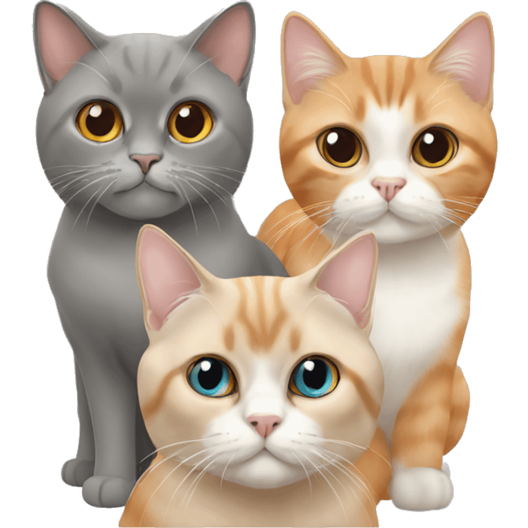 three cats: an orange shorthair, a grey persian cat and a siamese  emoji