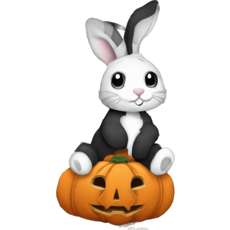 Dutch tricolor (ornage, black and white stripes) bunny, sitting next to a jack-o-lantern emoji