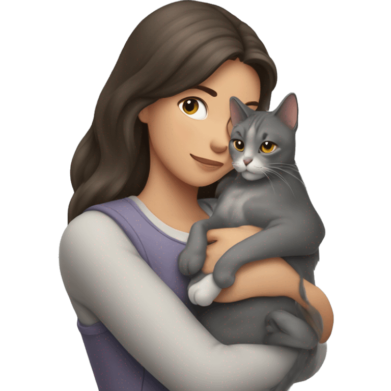 Three-colored gray cat in the arms of a brunette girl emoji