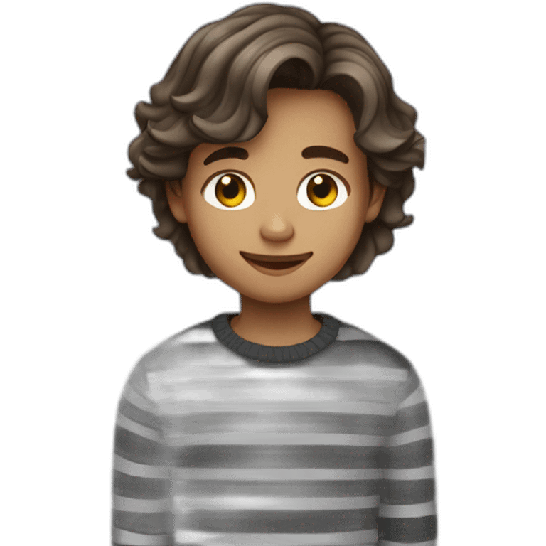 teenager boy brown long wavy hair and dark gray striped sweater emoji