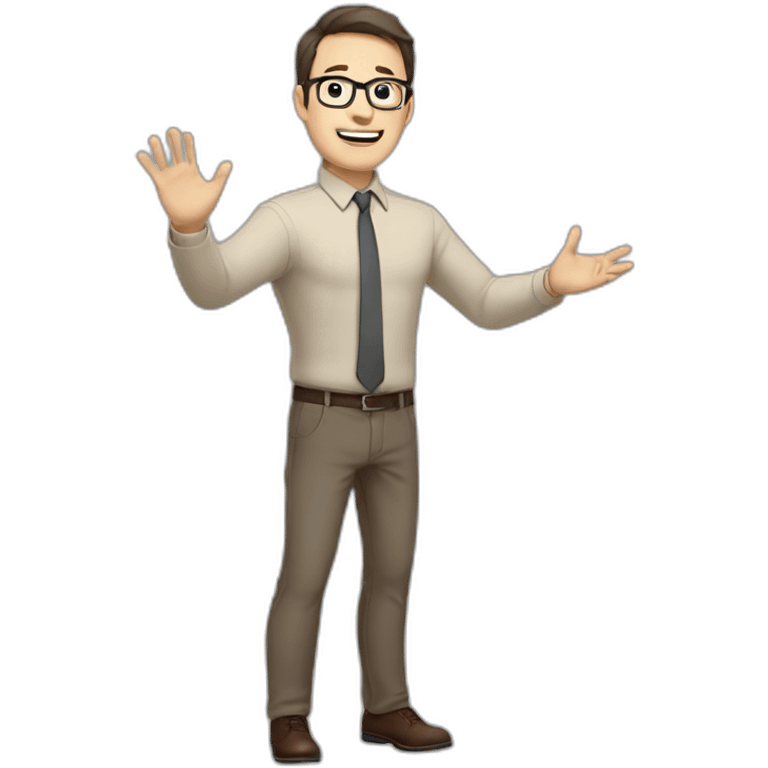 To belt Actively gesturing with hands Pale skinned fit man teacher with dark brown hair in gray jacket, beige office shirt, brown tie, brown pants and vintage glasses. emoji