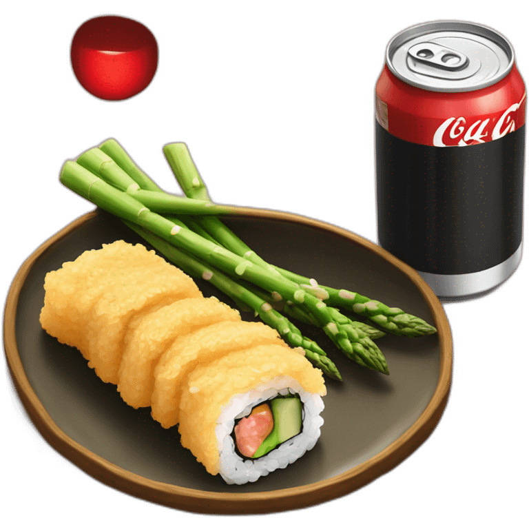 Asparagus tempura sushi with coke can on the side  emoji