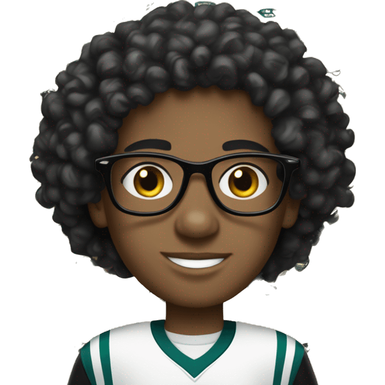 white kid witj black curly hair with white clear glasses  wearing eagles jersey  emoji