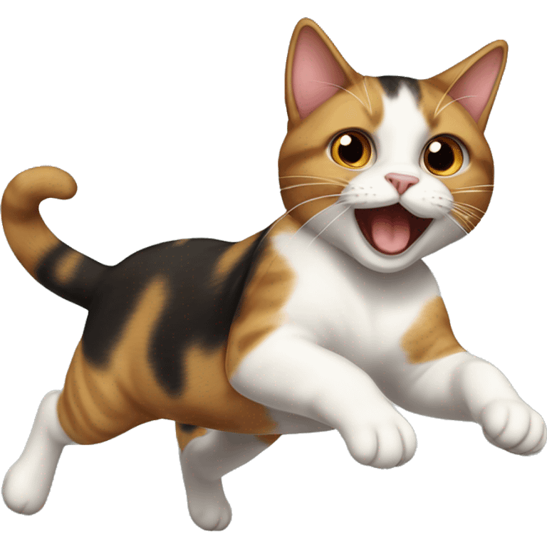 A calico cat jumping on a dark brown fat tabby cat emoji