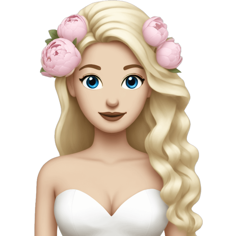 White bride with long light blonde hair and blue eyes with light pink peonies in hair white skin  emoji