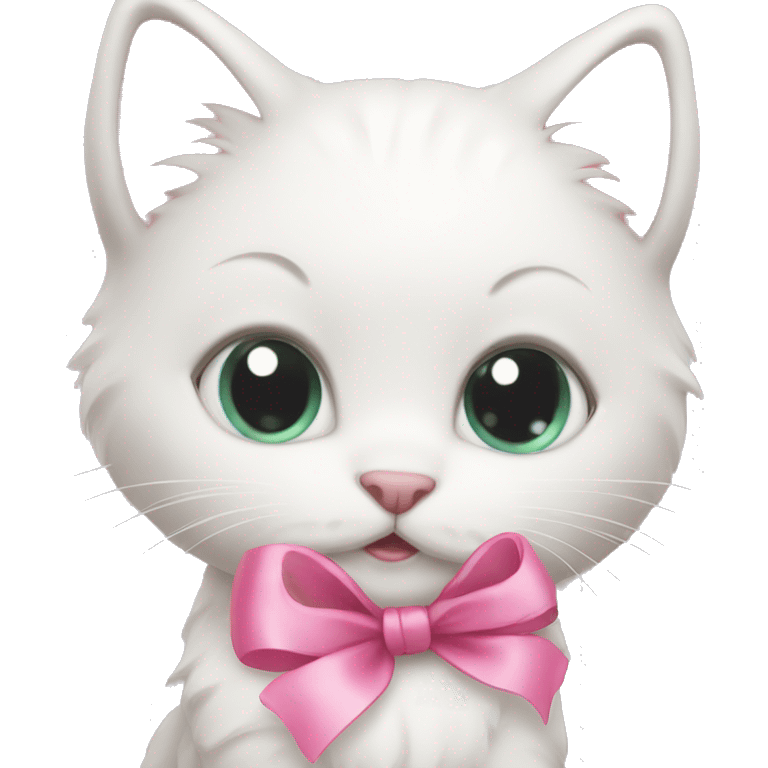 a cute little white kitty with pink ribbon  emoji