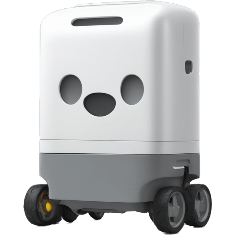 solid horizontal rectangle gray delivery robot with white circle white led eyes and opening lid on 4 wheels, minimalistic design emoji