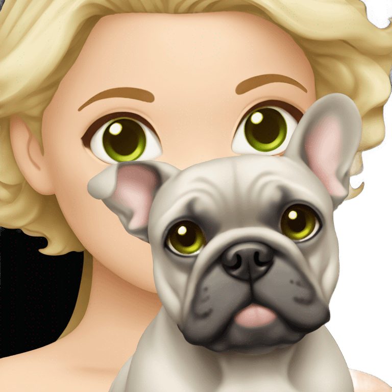 Blonde woman fair skin green eyes with gray French bulldog  emoji