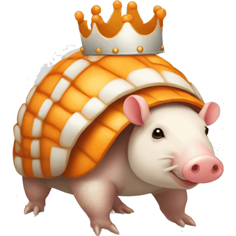 Orange and white piebald chubby round armadillo pig panda centipede armadillo wearing a crown emoji