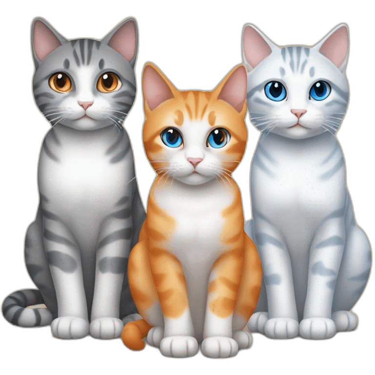 Three cats sitting, one blue eyed grey tabby, one orange and white, one all orange emoji