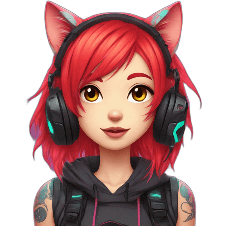 Anime cat gamer girl cyberpunk neon red hair tattoo emoji