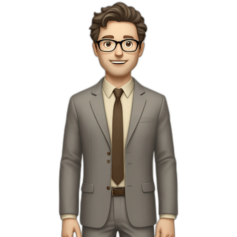 Full height Pale skinned Fit Man With dark brown hair in gray jacket, beige office shirt, tie, Brown pants and vintage glasses. Thrumbs of his palms directed up emoji