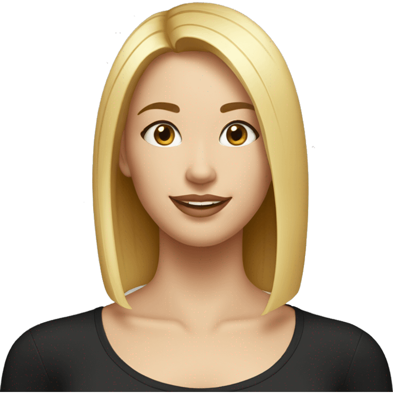 Beautiful girl in a black shirt with short straight blonde hair, thin lips, thin eyebrows, smiling.  emoji