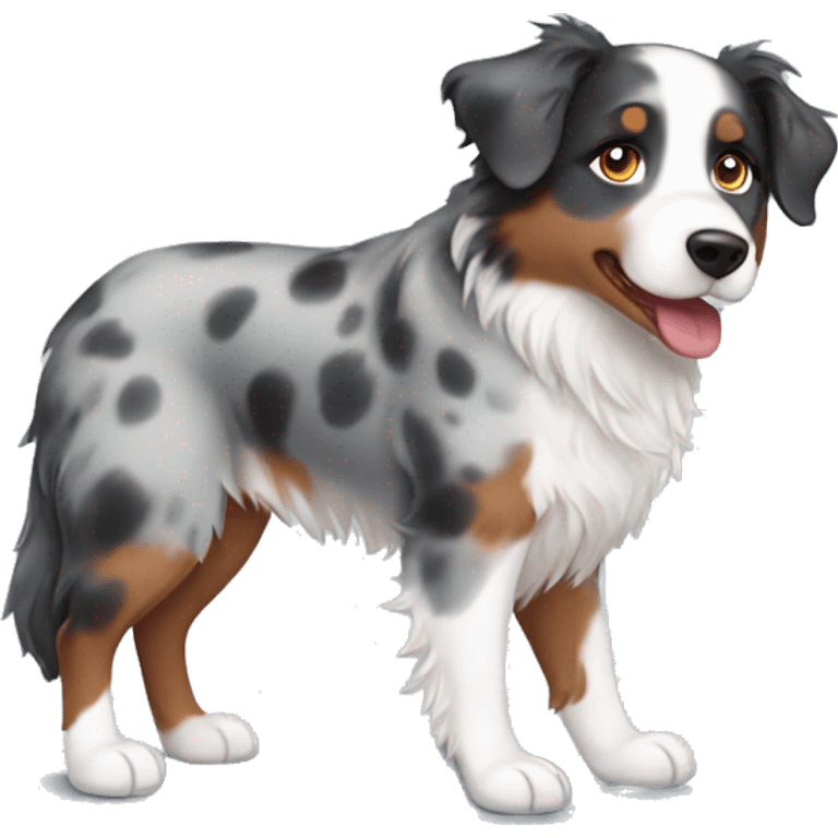 Girl with brown hair and blue eyes with blue merle Australian shepherd emoji