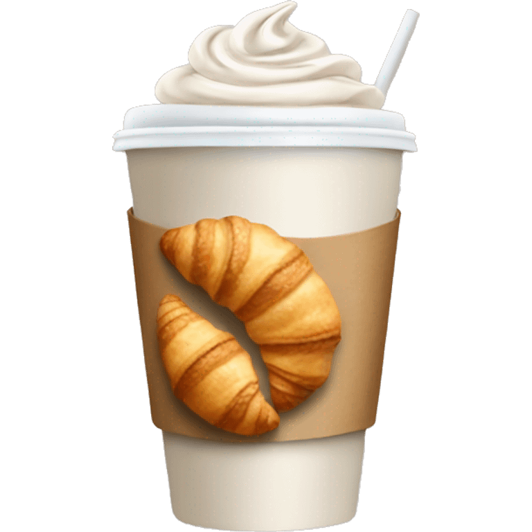 Disposable cup with cappuccino and croissant emoji