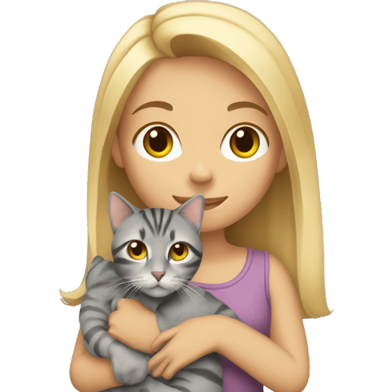 Blonde girl holding a gray tabby cat emoji