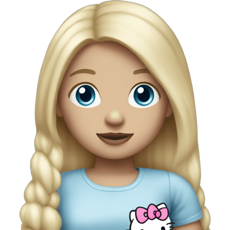 A girl with blonde hair and blue eyes with a hello kitty plush emoji