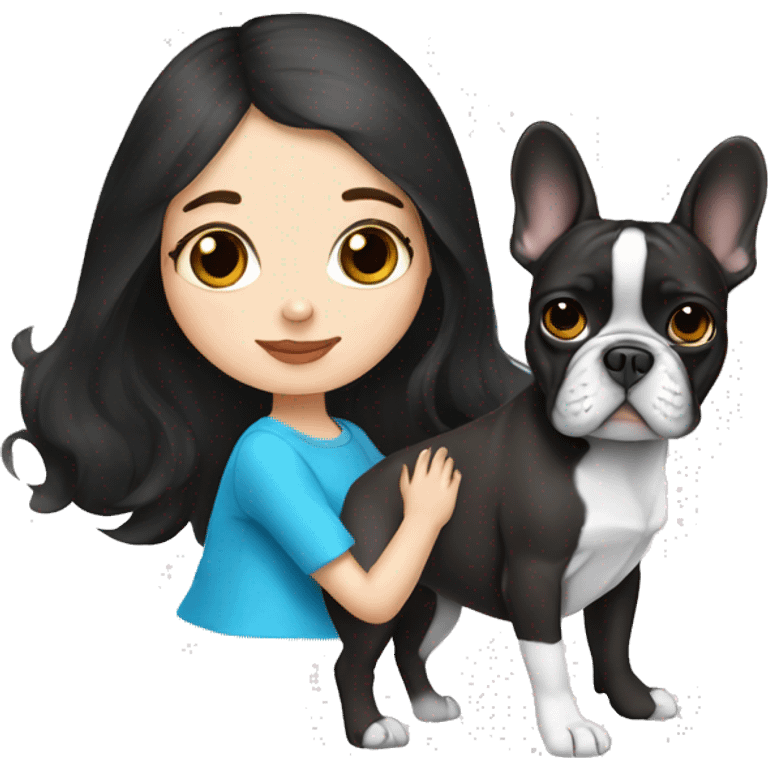 Girl with dark hair and Blue eyes Kissing french Bulldog dark emoji