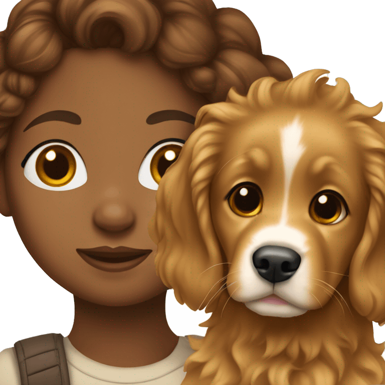 Brown girl with brown curly hair with a golden retriever puppy emoji