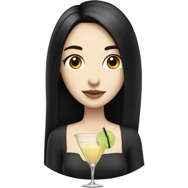 Pale girl with long black hair with chest holding cocktail emoji