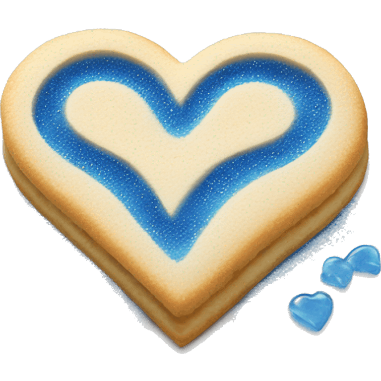 Realistic shortbread cookie in the shape of a heart with blue jelly middle filling and sprinkled powder sugar on top. emoji