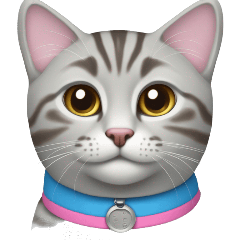 Light grey tabby with blue collar and a dark brown tabby with pink collar emoji