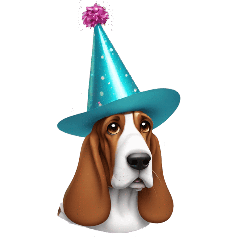 Basset hound wearing party hat emoji