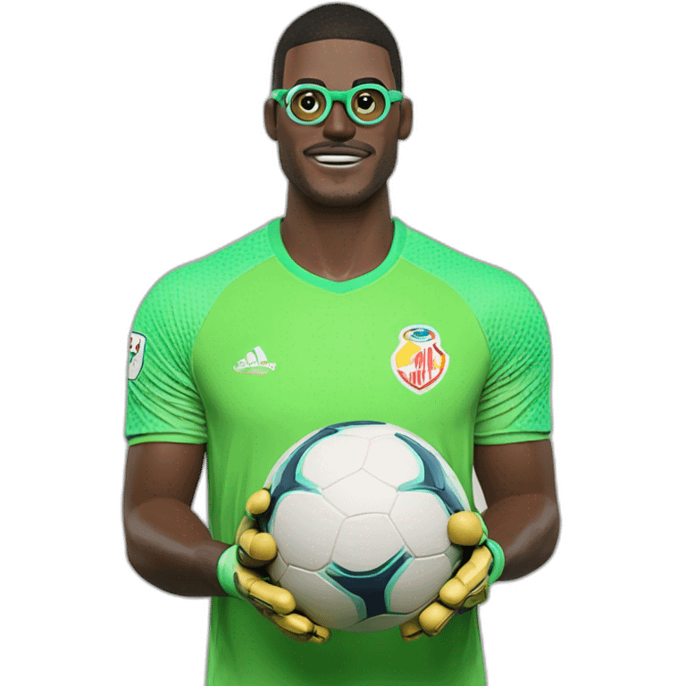 Goleiro de oculos defendendo um bola emoji