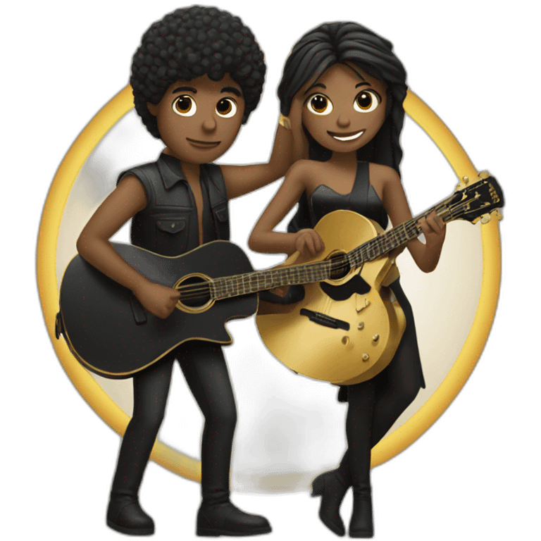 male guitarist, black guitar with golden stripes and female pianist emoji